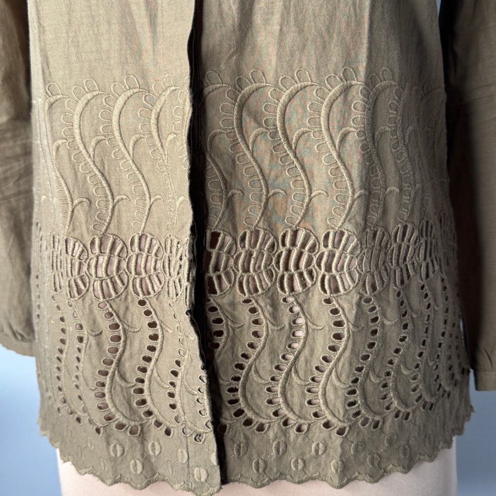 J.Crew Olive Green 100% Cotton Button-Up Women's Top Embroidery Lace Embroidered - Picture 8 of 11